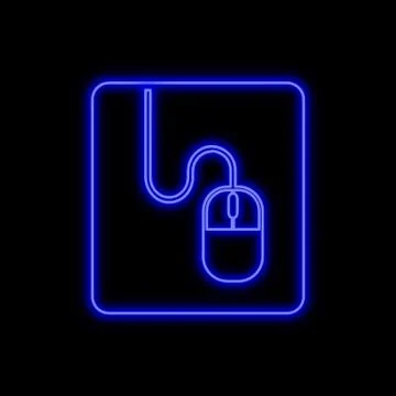 Computer mouse on the pad neon sign. Bright glowing symbol on a black backgro Stock Illustration