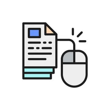 Computer mouse with pages, web library flat color line icon. イラスト素材