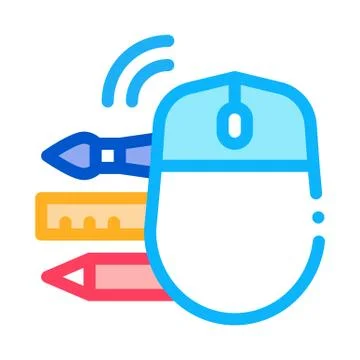 Computer mouse pen pencil and ruler icon vector outline illustration Stock Illustration