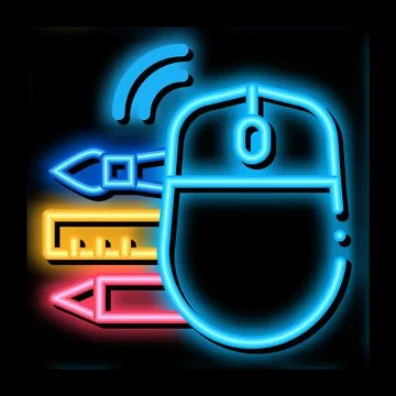 Computer mouse pen pencil and ruler neon glow icon illustration Stock Illustration