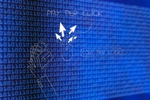 Computer mouse with pointer arrows and hand giving wallet, pay per click Illustrazione stock