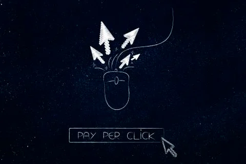 Computer mouse with pointer arrows coming out, pay per click Illustrazione stock