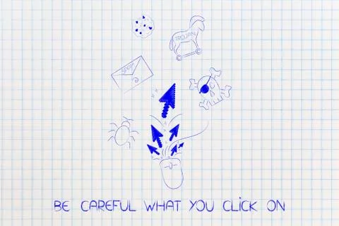 Computer mouse with pointer arrows surrounded by cyber threats Stock Illustration