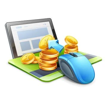 Computer mouse pointing coins in direction of tablet Illustrazione stock