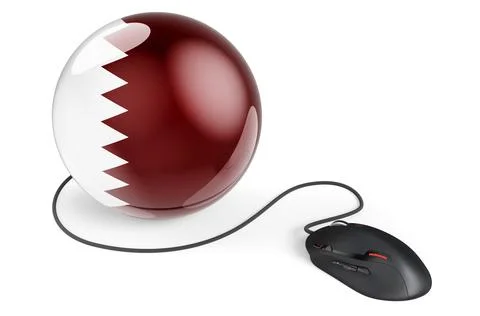 Computer mouse with Qatari flag. Internet network in Qatar concept. 3D render Illustrazione stock