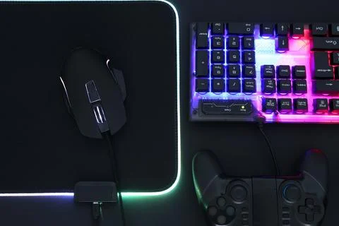Computer mouse, RGB keyboard and game controller on black background, flat la Stock Photos