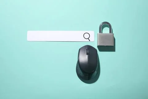 Computer mouse with search bar and padlock on blue background Stock Photos