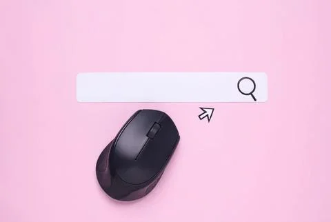 Computer mouse with search bar on pink background Stock Photos