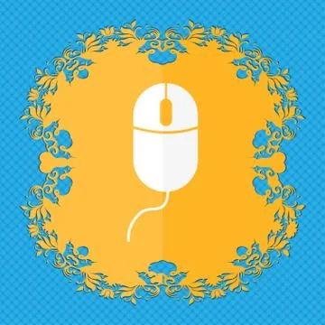 Computer mouse sign icon. Optical with wheel symbol. Floral flat design on a blu イラスト素材