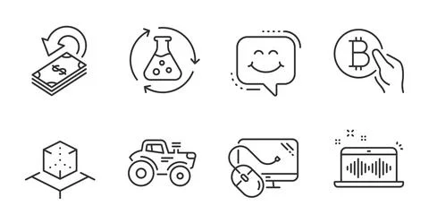 Computer mouse, Smile chat and Tractor icons set. Chemistry experiment Illustrazione stock