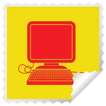 Computer with mouse square peeling sticker 스톡 일러스트