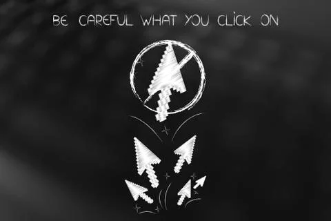 Computer mouse with stopped pointer arrows, careful what you click Illustrazione stock