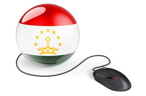 Computer mouse with Tajik flag. Internet network in Tajikistan concept. 3D re Stock Illustration