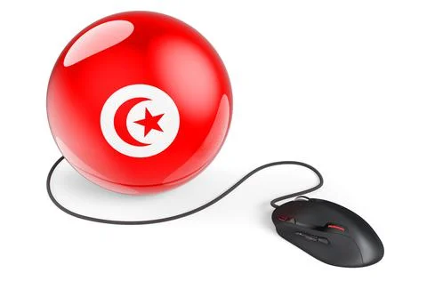 Computer mouse with Tunisian flag. Internet network in Tunisia concept. 3D re Stock Illustration