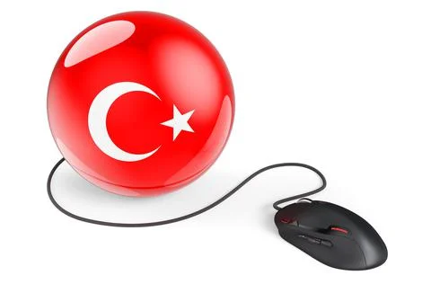 Computer mouse with Turkish flag. Internet network in Turkey concept. 3D rend Stock Illustration