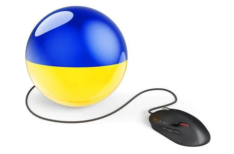 Computer mouse with Ukrainian flag. Internet network in Ukraine concept. 3D r Stock Illustration
