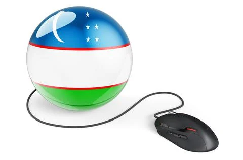 Computer mouse with Uzbek flag. Internet network in Uzbekistan concept. 3D re Stock Illustration