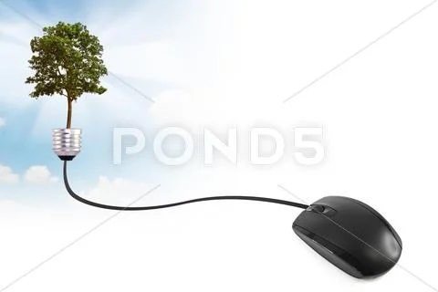 Computer mouse wire into the a lightbulb with tree Stock Illustration