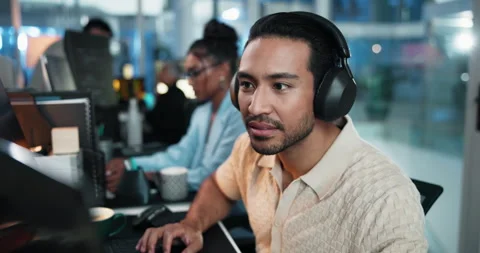 Computer, music and smile of programmer man at desk in office as graphic Stock Footage 309047708