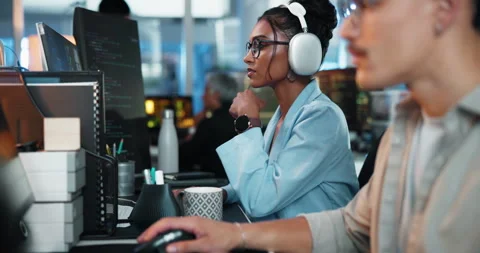 Computer, music and thinking with programmer woman in office as graphic designer Stock Footage 309055355