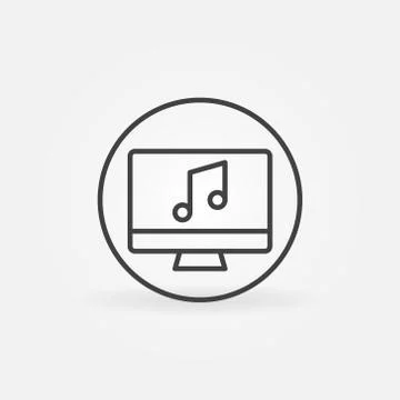 Computer with Musical Note outline vector round icon Illustrazione stock