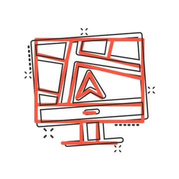 Computer navigation icon in comic style. Monitor pin gps cartoon vector illus Stock Illustration