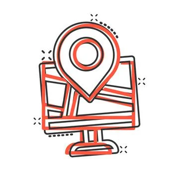 Computer navigation icon in comic style. Monitor pin gps cartoon vector illus Stock Illustration