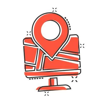 Computer navigation icon in comic style. Monitor pin gps cartoon vector illus Stock Illustration