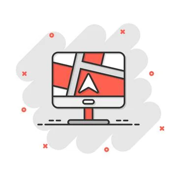 Computer navigation icon in comic style. Monitor pin gps cartoon vector illus Stock Illustration