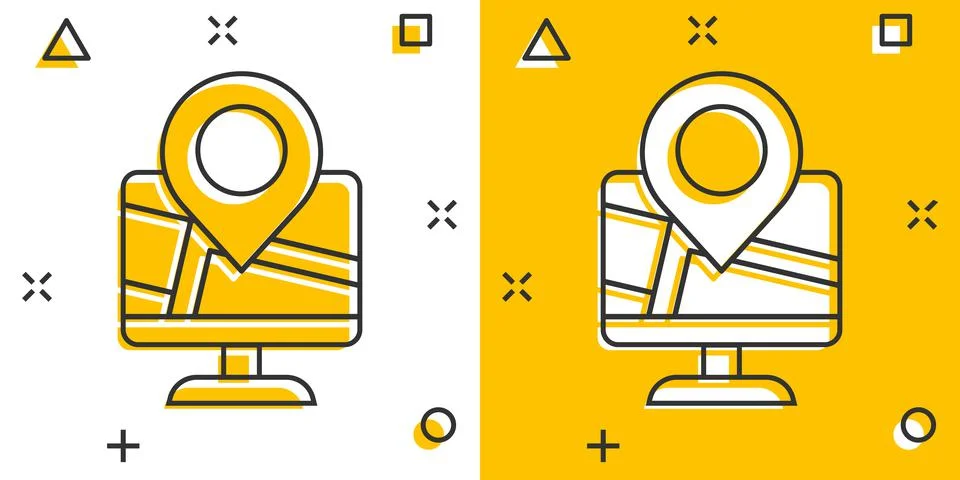 Computer navigation icon in comic style. Monitor pin gps cartoon vector illus 스톡 일러스트