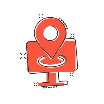 Computer navigation icon in comic style. Monitor pin gps cartoon vector illus Stock Illustration