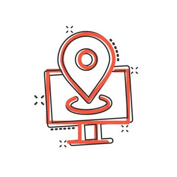 Computer navigation icon in comic style. Monitor pin gps cartoon vector illus 스톡 일러스트