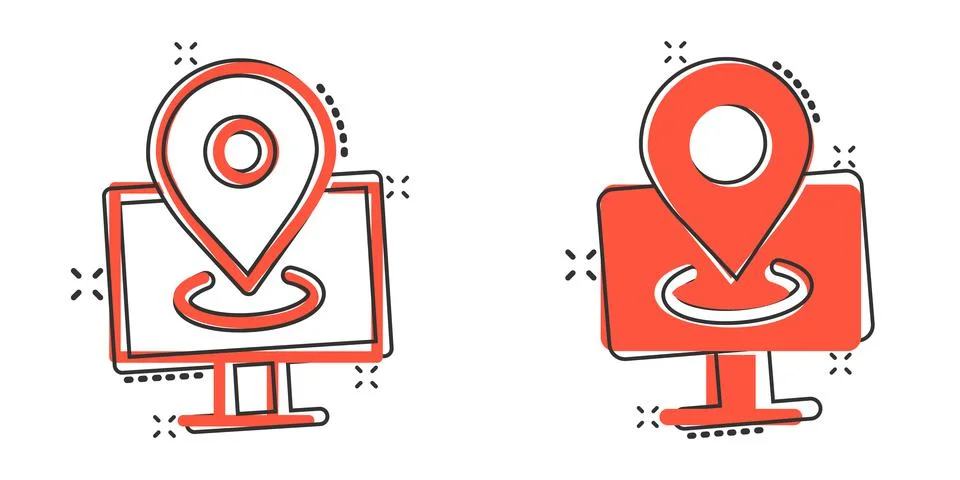 Computer navigation icon in comic style. Monitor pin gps cartoon vector illus Stock Illustration