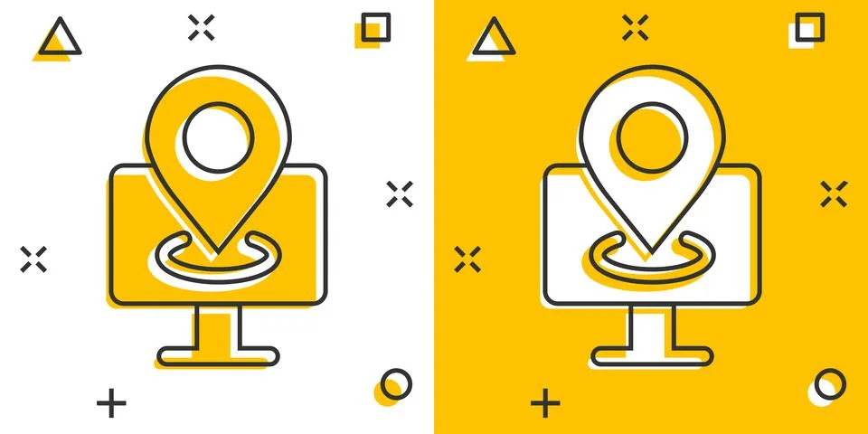 Computer navigation icon in comic style. Monitor pin gps cartoon vector illus Stock Illustration
