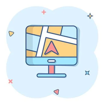 Computer navigation icon in comic style. Monitor pin gps cartoon vector illus Illustrazione stock