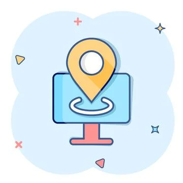 Computer navigation icon in comic style. Monitor pin gps cartoon vector illus Stock Illustration