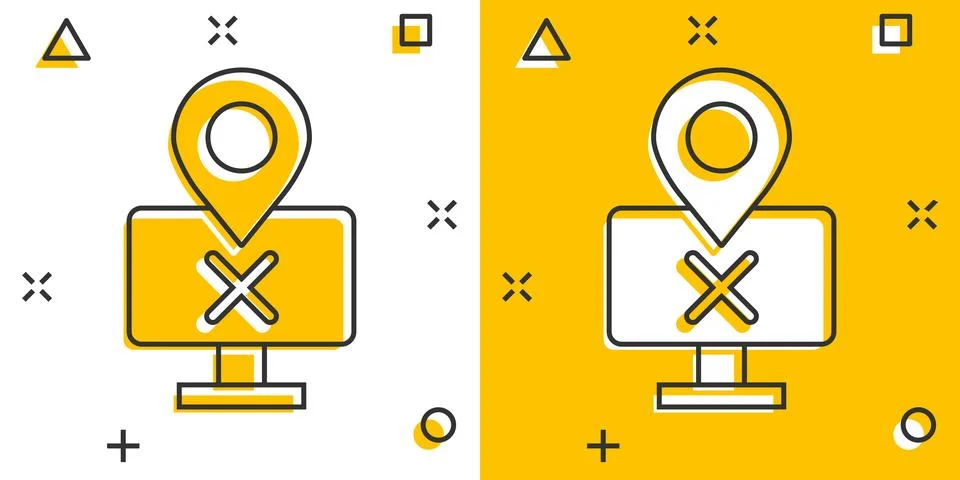 Computer navigation icon in comic style. Monitor pin gps cartoon vector ill.. Stock Illustration