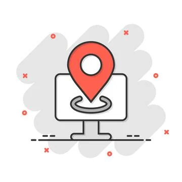 Computer navigation icon in comic style. Monitor pin gps cartoon vector ill.. Stock Illustration