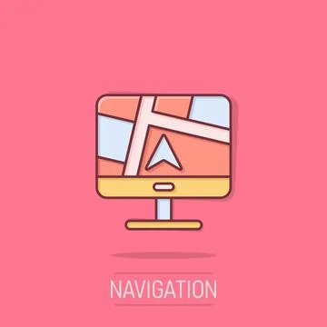 Computer navigation icon in comic style. Monitor pin gps cartoon vector ill.. Stock Illustration