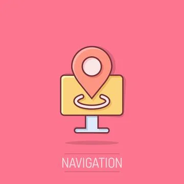 Computer navigation icon in comic style. Monitor pin gps cartoon vector ill.. 스톡 일러스트