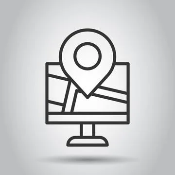Computer navigation icon in flat style. Monitor pin gps vector illustration o Ilustración de archivo
