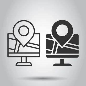 Computer navigation icon in flat style. Monitor pin gps vector illustration o Stock Illustration