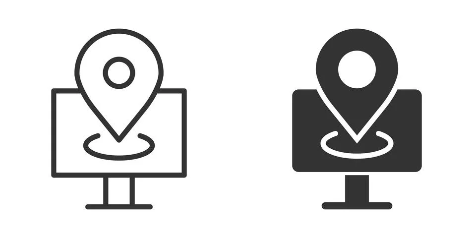 Computer navigation icon in flat style. Monitor pin gps vector illustration o Ilustración de archivo