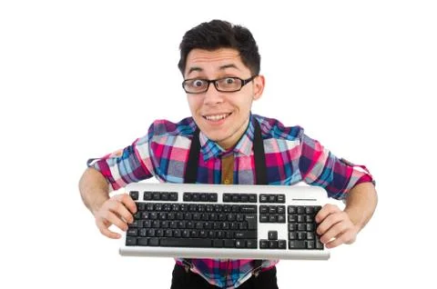 Computer nerd with keyboard isolated on white Stock Photos