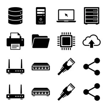 Computer network and data storage icons set including database, server, lap.. Stock Illustration
