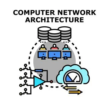 Computer network architecture connecting users, data storage, and cloud res.. Illustrazione stock