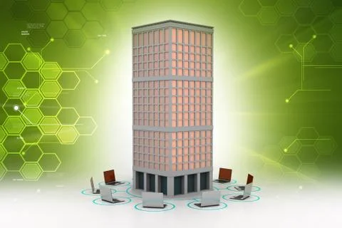 Computer network around the building in colour back ground Stock Illustration