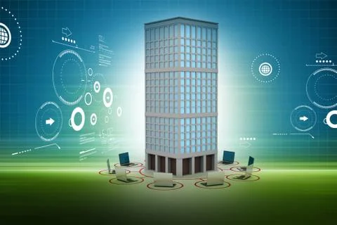 Computer network around the building in colour back ground Ilustración de archivo