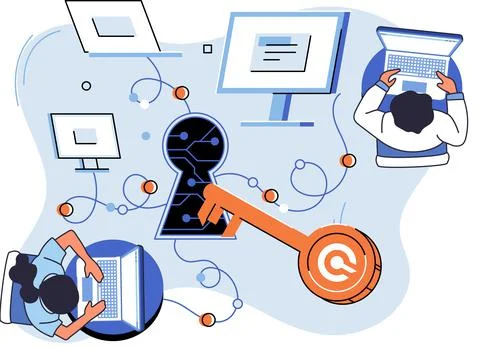 Computer network between internet users. Key in keyhole and programmers hacking Stock Illustration