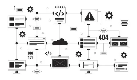 Computer network black and white 2D illustration concept Illustrazione stock